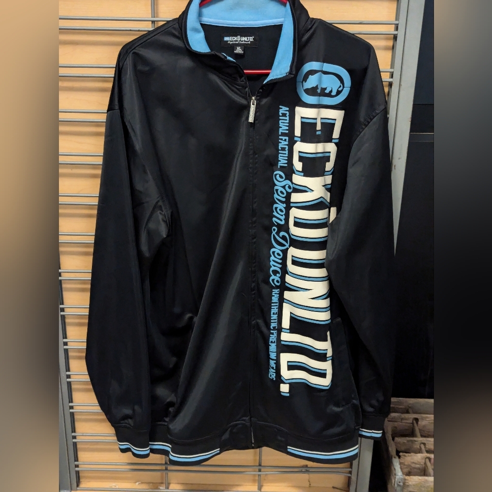 Ecko Unltd Mens Zip-Up Jacket Coat, Sz Extra Large-XL, Black/ Light Blue